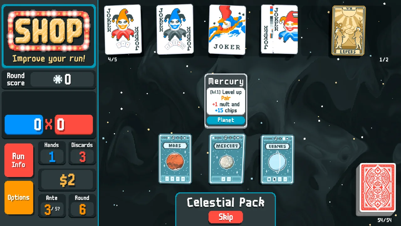 Offizieller Balatro-Screenshot mit Planet-Karten in einem Celestial Pack