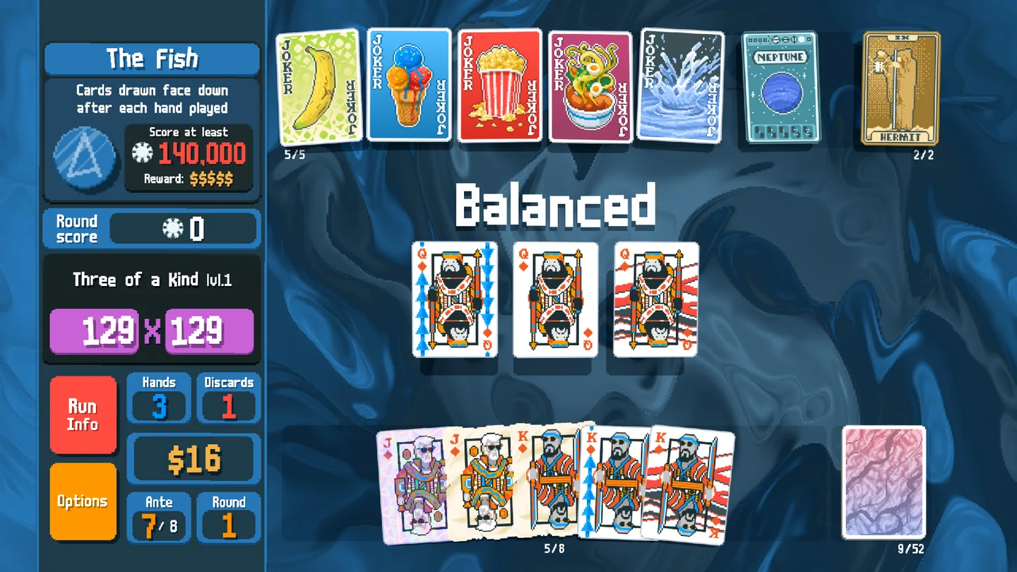 Offizieller Balatro-Presskit-Screenshot mit The Fish und verdeckten Draws