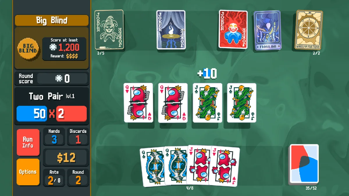 Capture officielle de gameplay de Balatro montrant des cartes modifiées dans une main qui marque