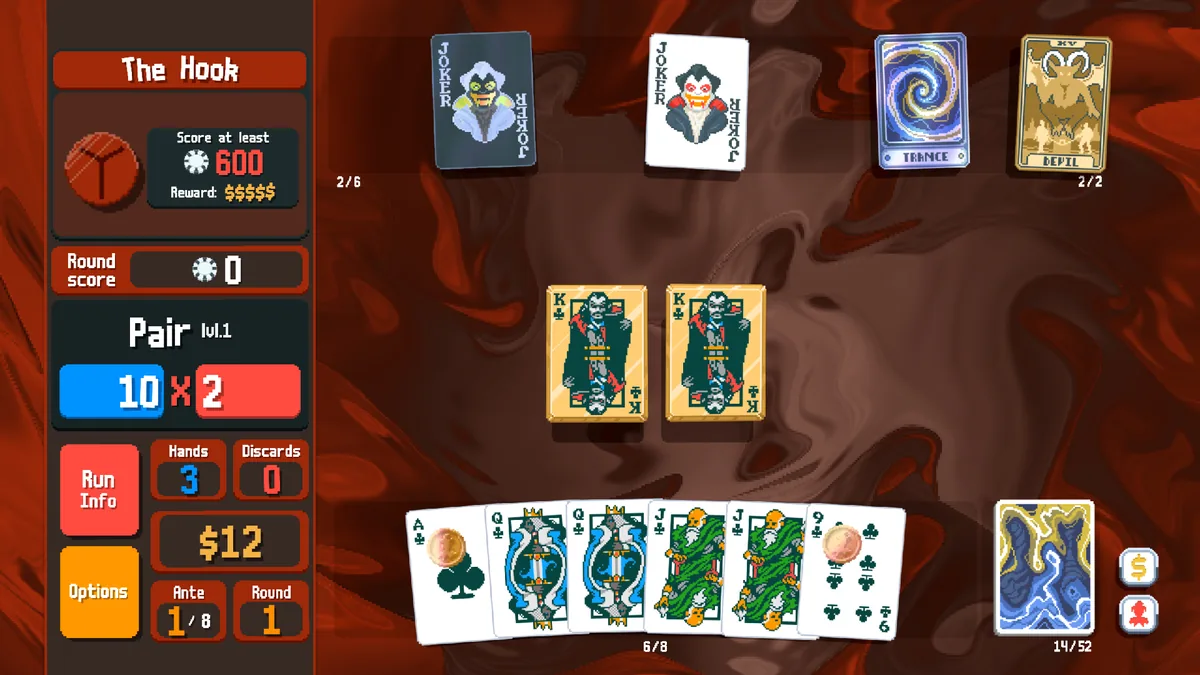 Capture officielle de gameplay de Balatro montrant des cartes avec différents traitements visuels de modificateur