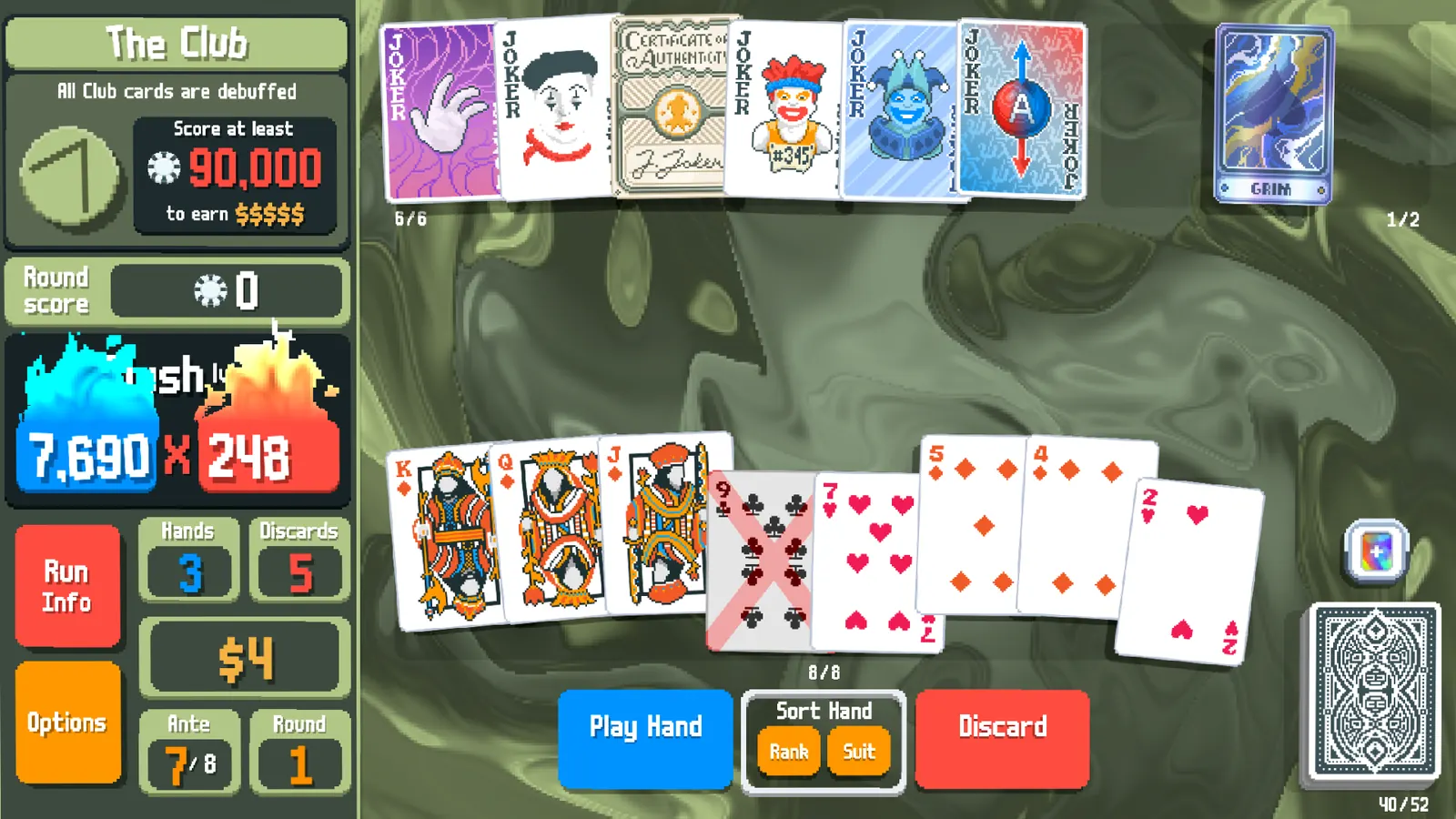 Official Balatro screenshot of a scoring combo and Joker row