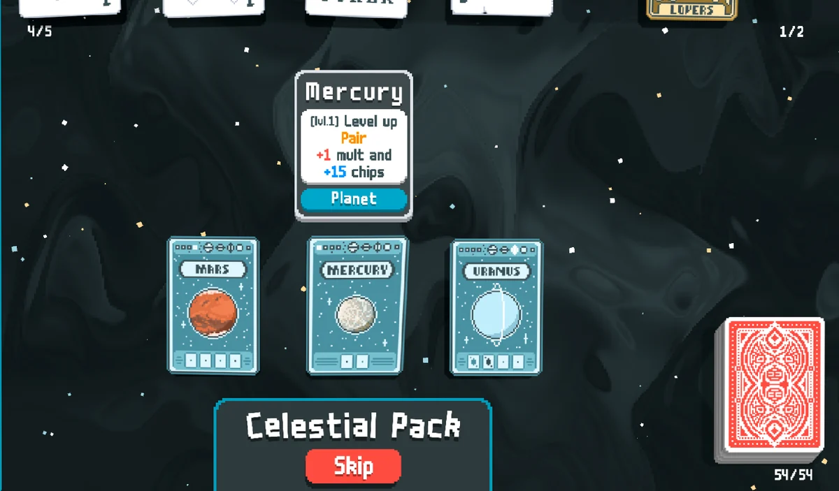 Offizieller Balatro-Screenshot mit einem Celestial Pack und Mercury-, Mars- und Uranus-Planetkarten