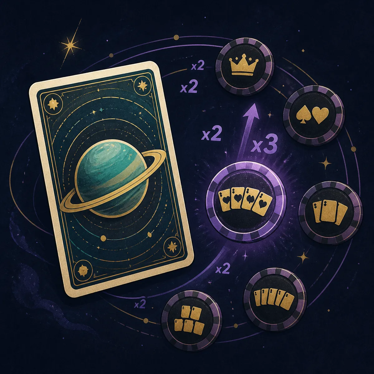 Redaktionelle Illustration einer Planetkarte über Balatro-Pokerhandsymbolen