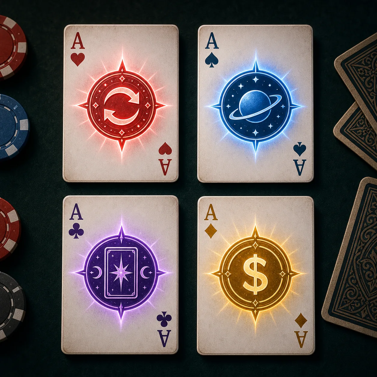 Ilustración editorial de cuatro cartas de Balatro con emblemas de sellos rojo, azul, morado y dorado
