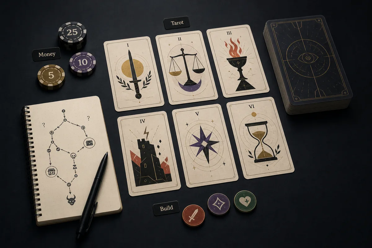 Ilustracao editorial de planejamento de cartas de Tarot em Balatro com fichas, cartas e notas de rota