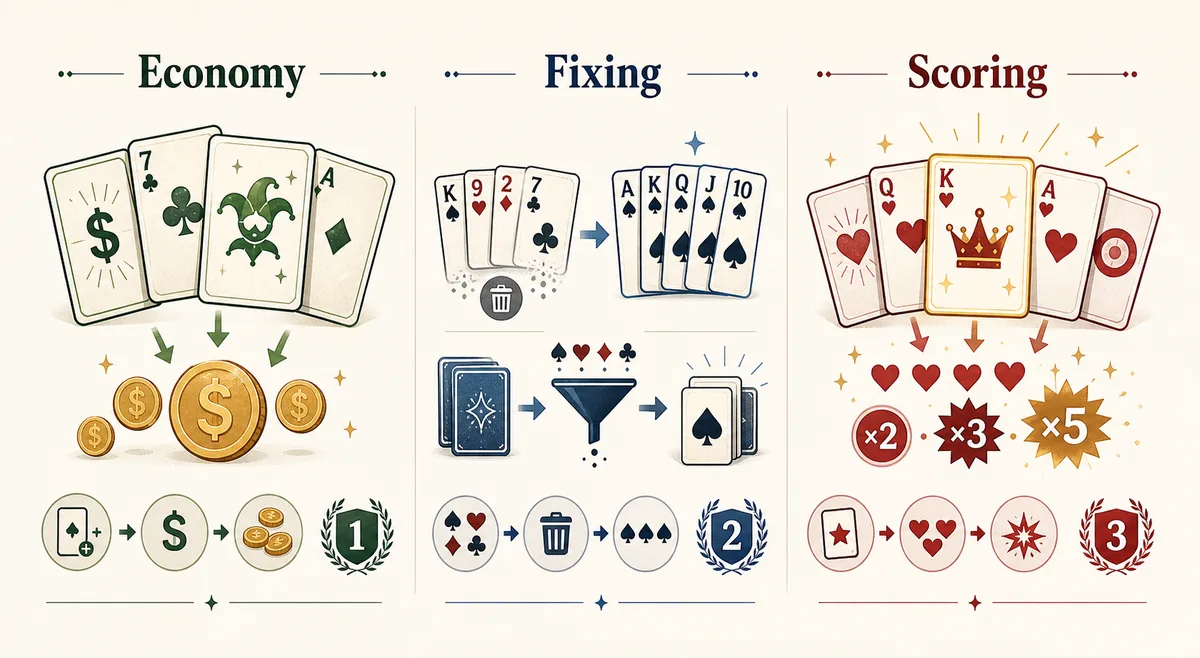 Grafico editorial agrupando escolhas de Tarot em Balatro por economia, ajuste de deck e pontuacao
