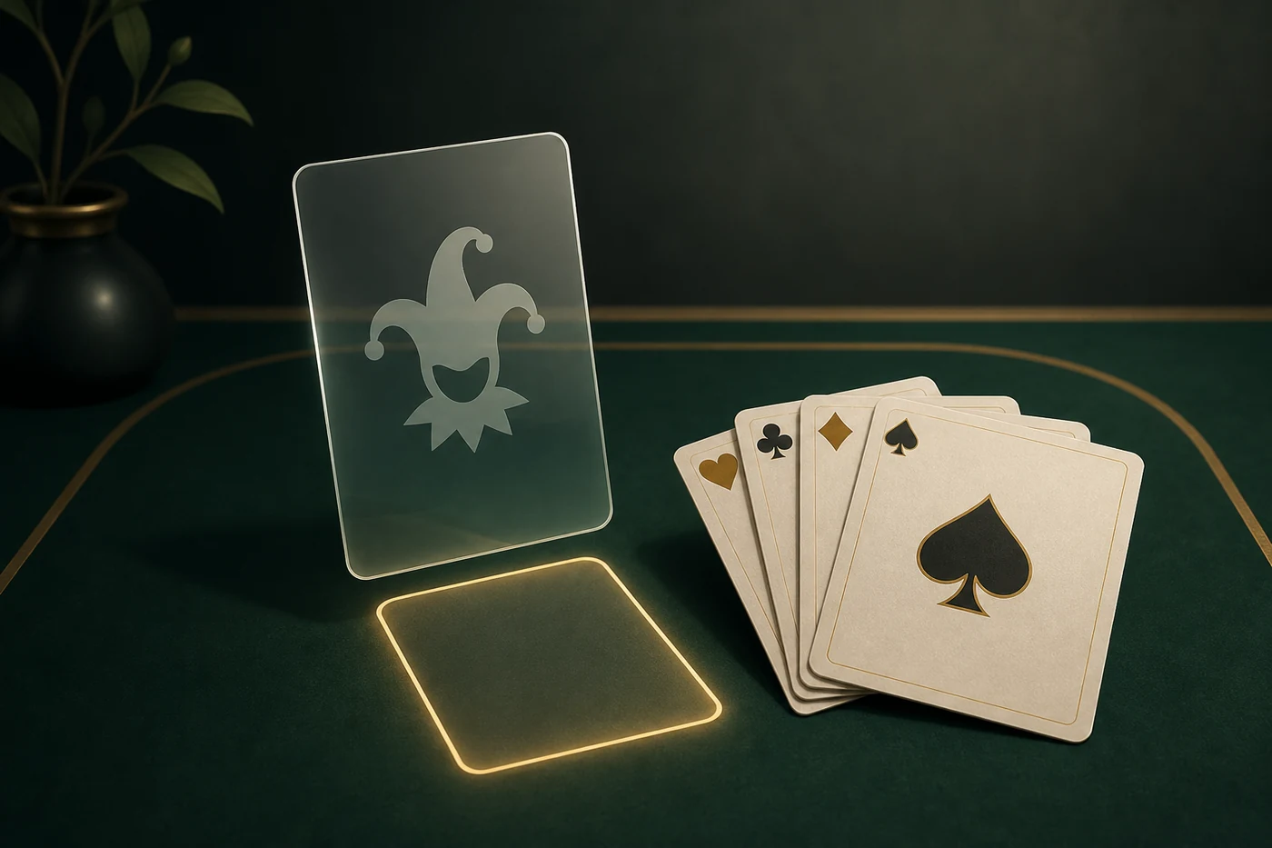 Ilustración de una carta de Joker translúcida junto a cartas y un espacio vacío