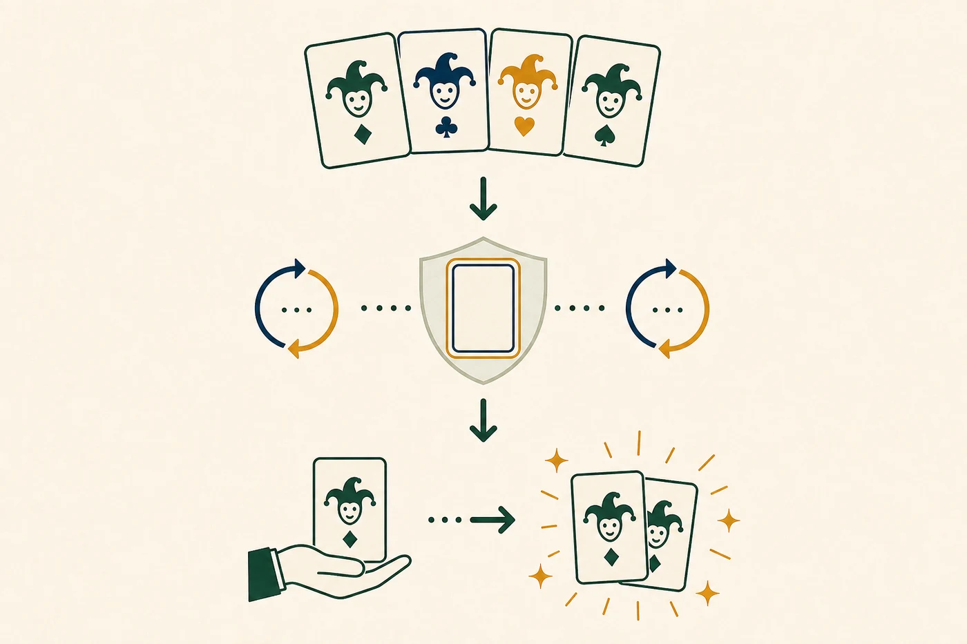 Flujo ilustrado con cuatro Jokers, un espacio protegido, dos rondas y un Joker duplicado